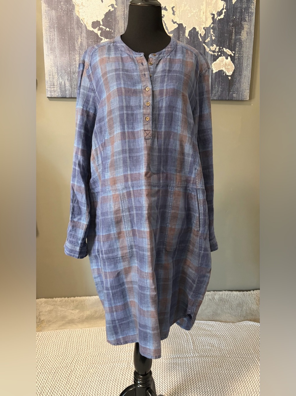 Poetry 100% Linen Plaid Cocoon Dress US 12 Blue Lagenlook Midi